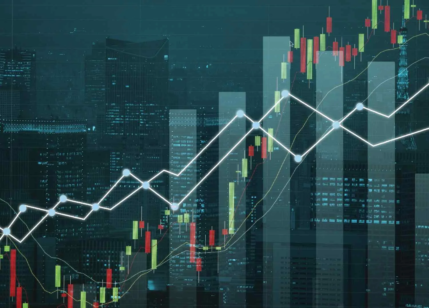 Stock chart lines rising over city skyscrapers