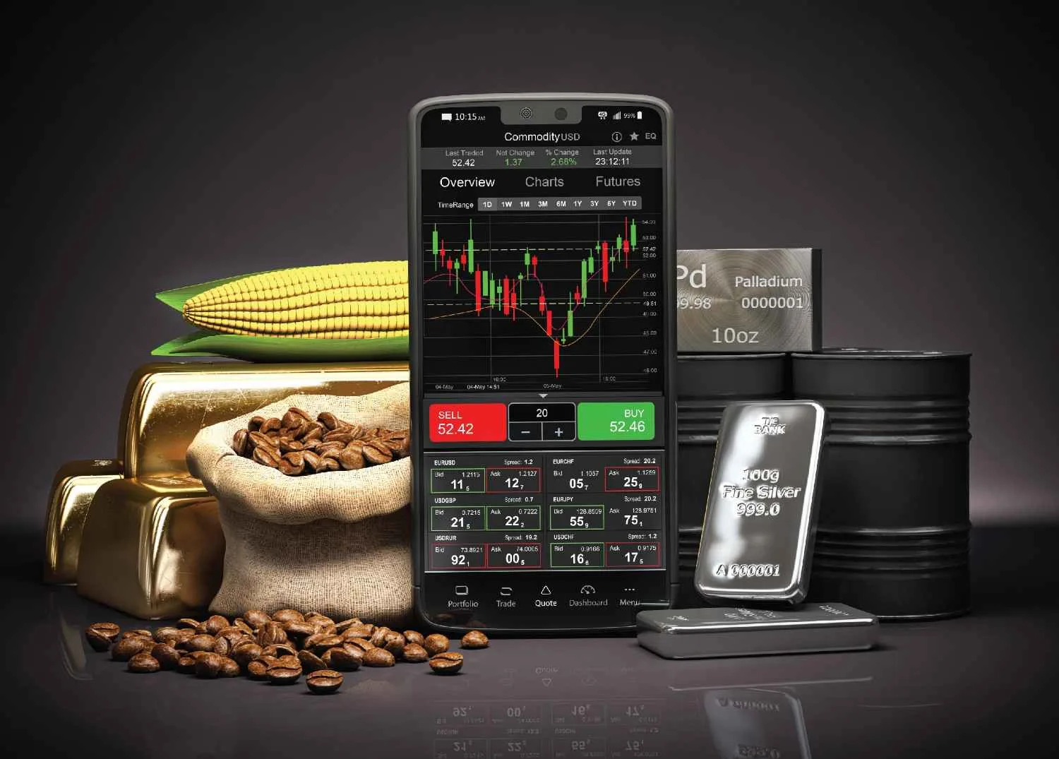 Mobile trading app beside silver bars, grain and coffee sacks