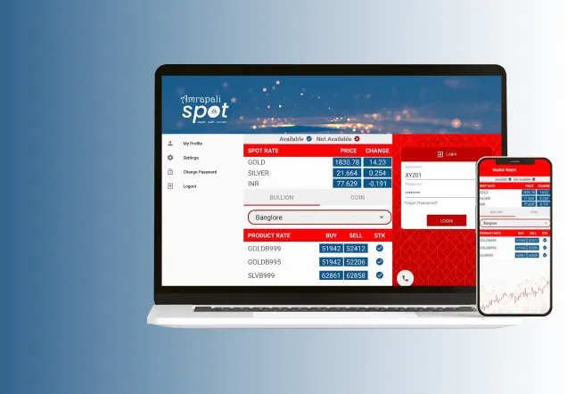 Amrapali Spot trading platform shown on a laptop and a phone
