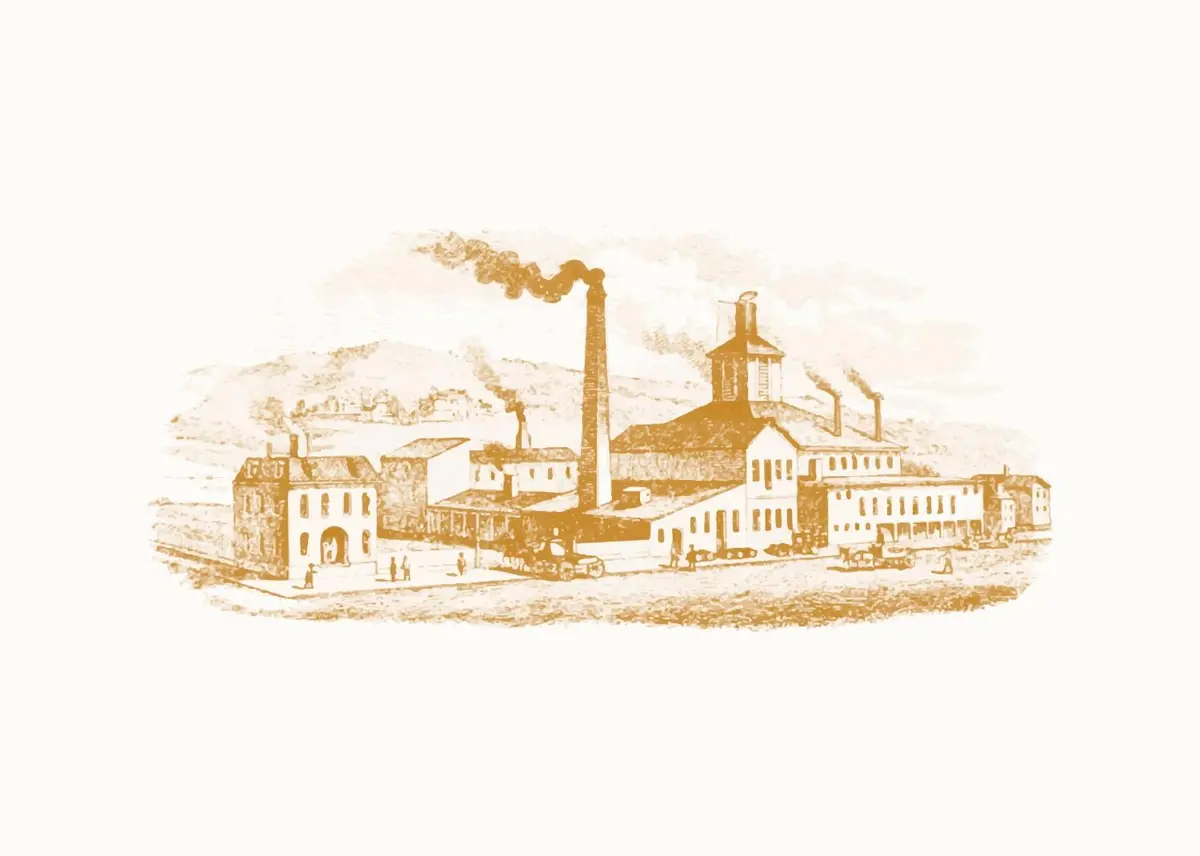 Illustration of a historic factory representing Amrapali Gujarat's manufacturing beginnings