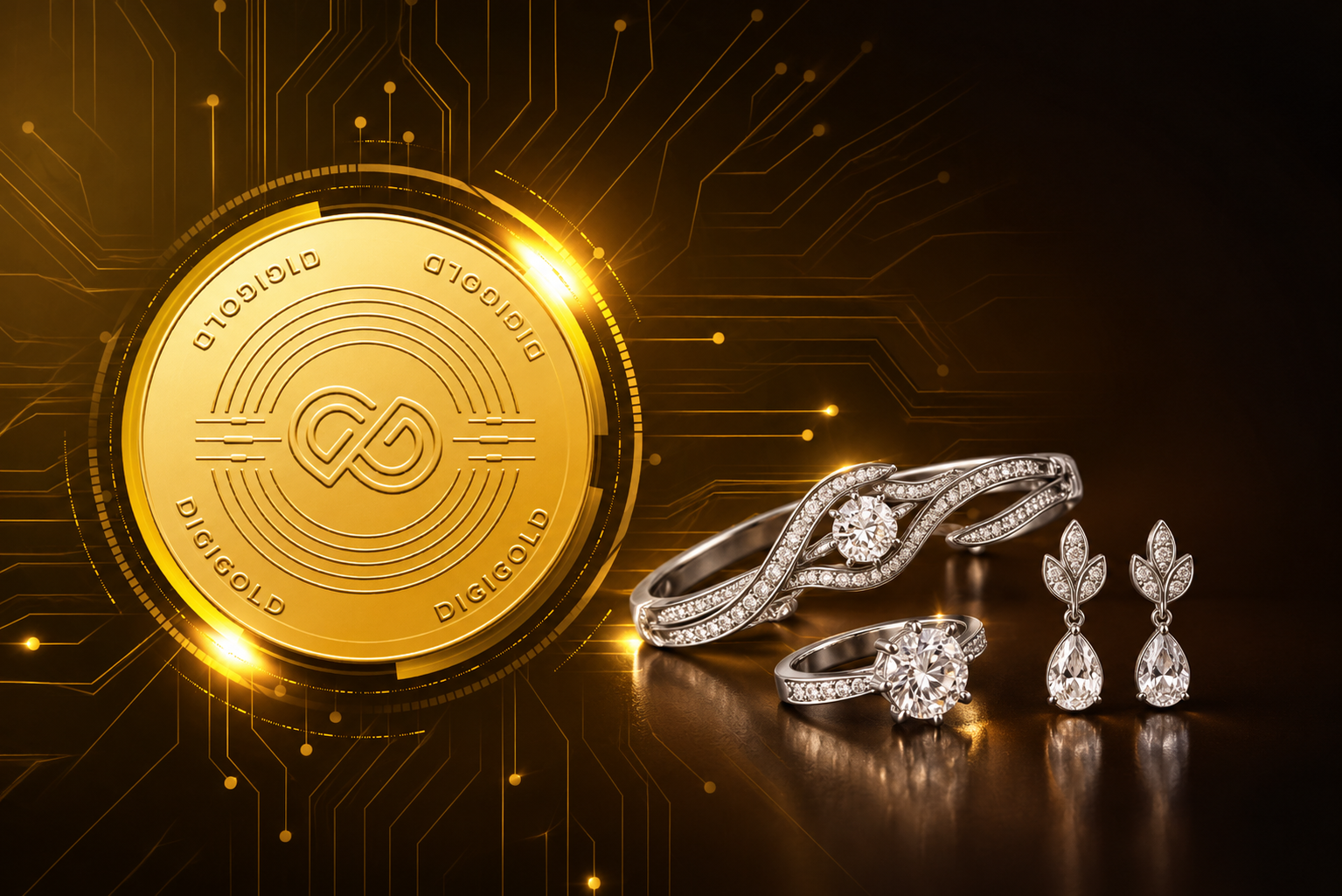 Gold coin on a dark digital circuit background